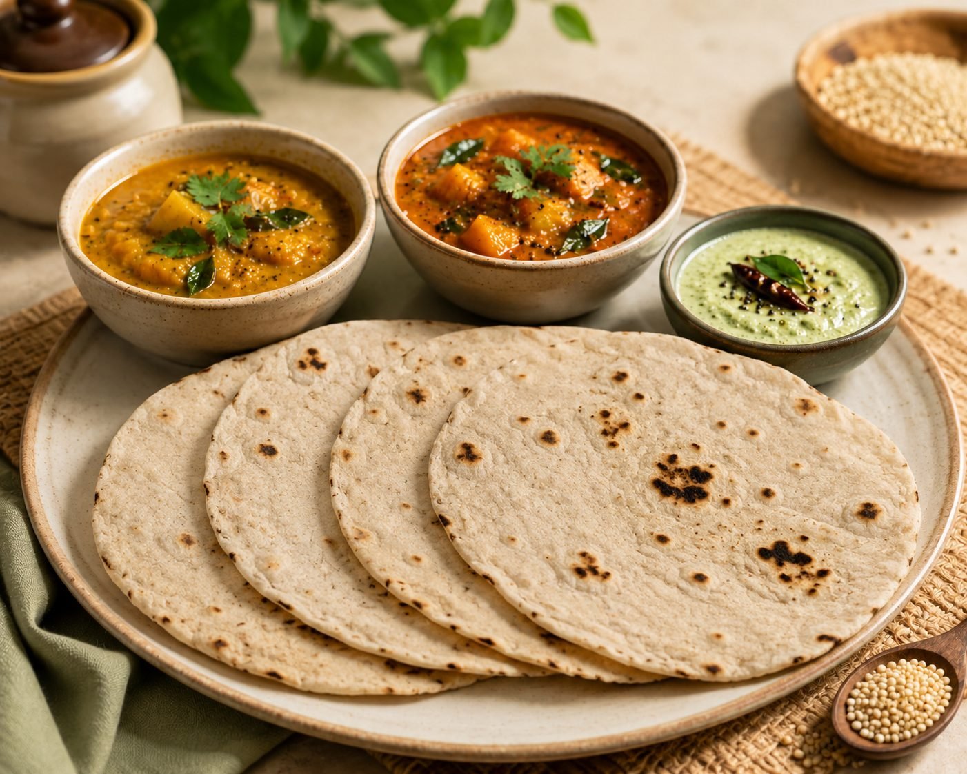 Freshly prepared Jonna Rotte with dal, curry and coconut chutney on a ceramic plate